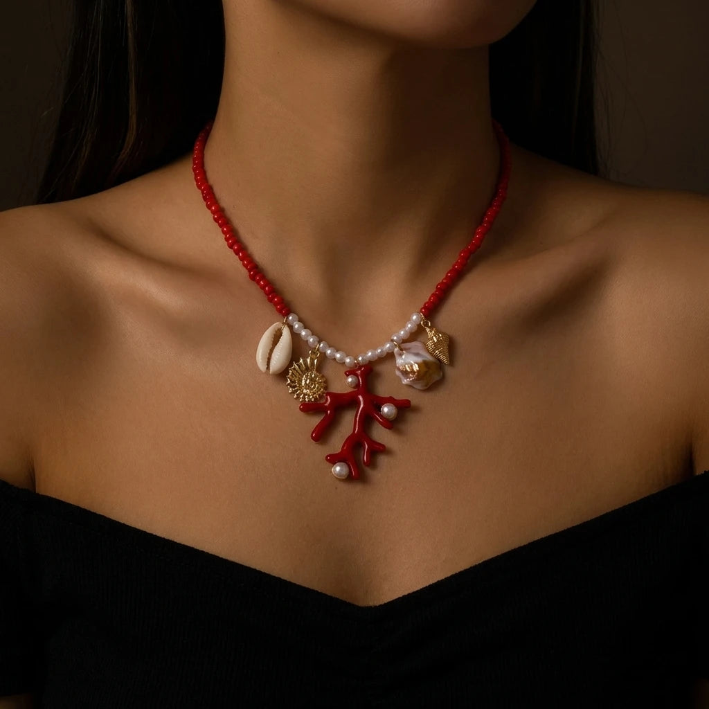Coral Shell Starfish Sun Rice Bead Pendant Necklace for Women Boho Choker Chain Creative Jewelry Fashion Beach Vacation Gift