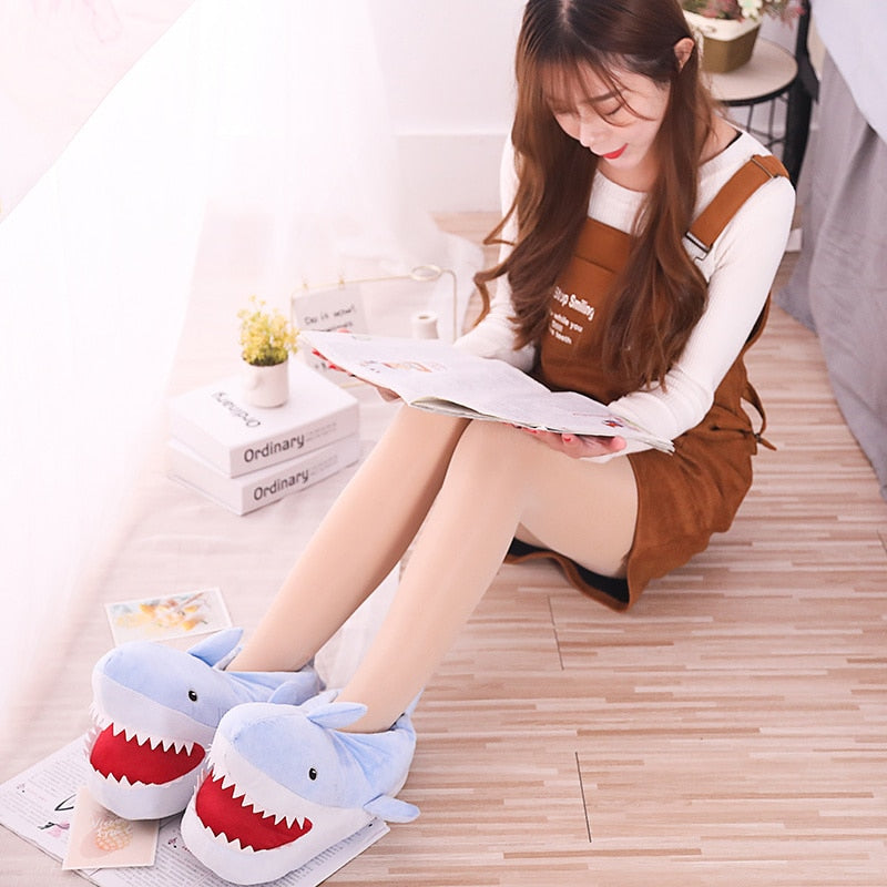 Cute Shark Shape House Women Cotton Slippers Autumn Winter Warm Indoor Floor Girls Shoes Cartoon Ladies Fluffy Slides Onesize - Charlie Dolly