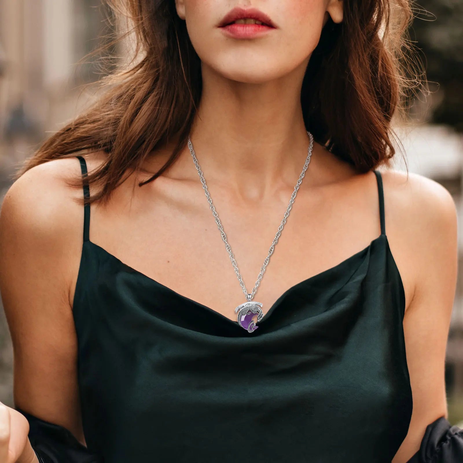 Eudora Dragon Crescent Moon Natural Amethyst Necklace Healing Crystal Stone Pendant Spiritual Jewelry Gift for Women Men