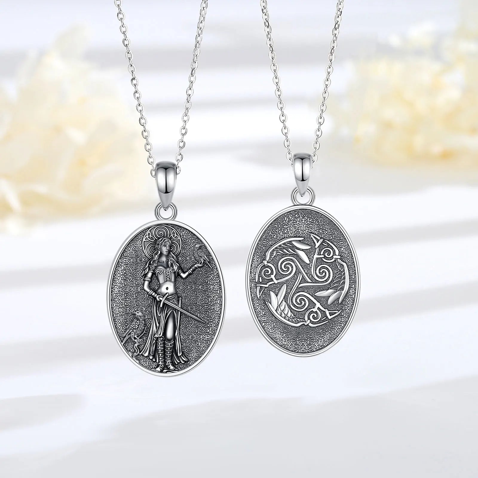 AEONSLOVE 925 Sterling Silver Morrigan Goddess Necklace Viking Raven Triple Spiral Pendant Pagan Wicca Jewelry for Women Men