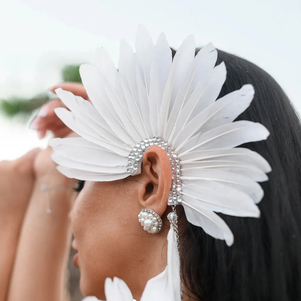 Elegant Pendant Exaggerated Feather Earrings Women Boho Ear Accessories Romantic Earhook Rhinestone Ear Clip for Bridal Gift