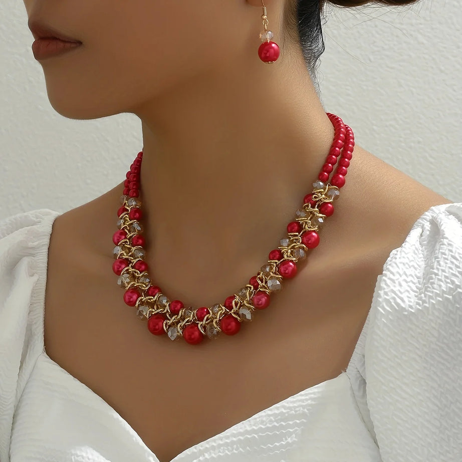 Gemstone Double Layer Necklace Earring Set Jewelry