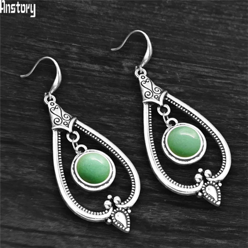 Round Amethysts Drop Earrings For Women Tibetan Silver Natural Stone Rose Quartz Lapis Lazuli Tiger Eye Fashion Dangle Earring