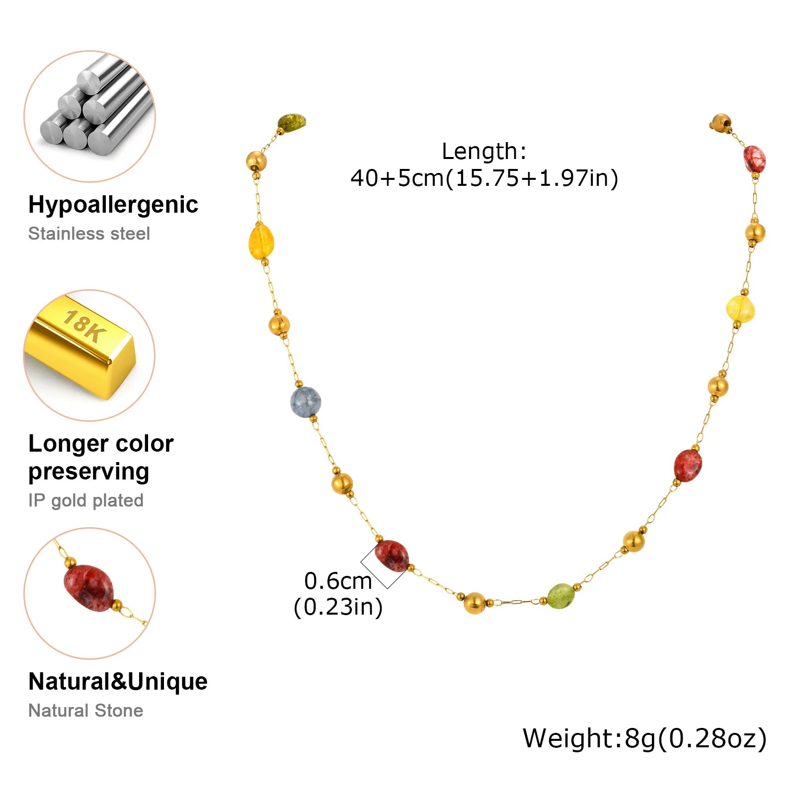 Colorful Rainbow Natural Stone Boho Necklace for Women, Stainless Steel Beaded Chain Y-Shaped Necklace, New Fashion Jewelry