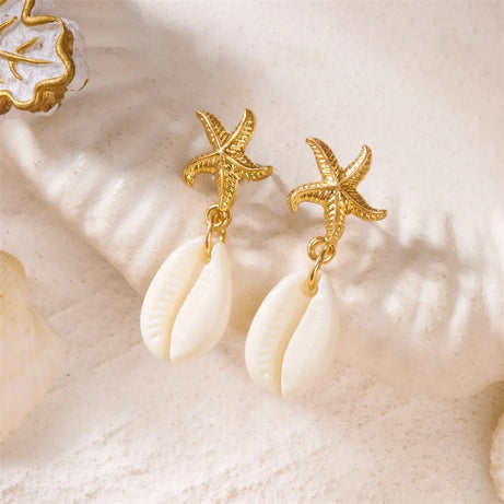 Boho Starfish, Conch and Scallop Pearl Pendant Earrings