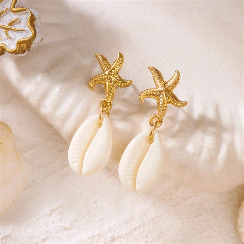 Boho Ocean Style Starfish Shell Pendant Earrings for Women Summer Seaside Conch Scallop Pearl Earring Summer Beach Charm Jewelry
