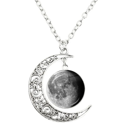 Lunar Phase Glass Dome Pendant Necklace, Full Moon & Eclipse Talisman