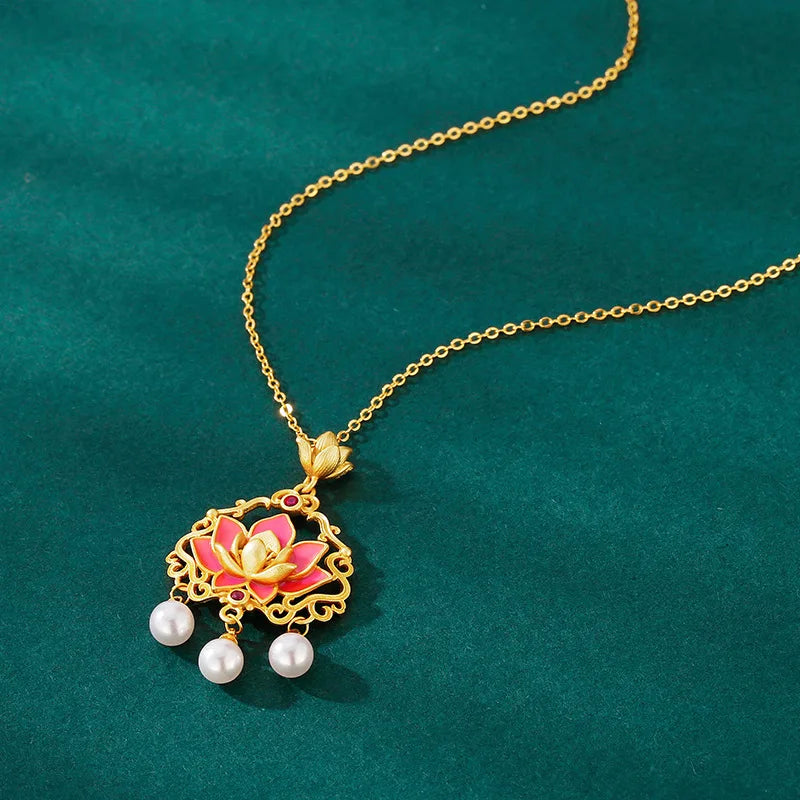 Classic matte pink lotus flower Ruyi lock necklace pearl tassel pendant enamel collarbone chain wedding for women jewelry gift