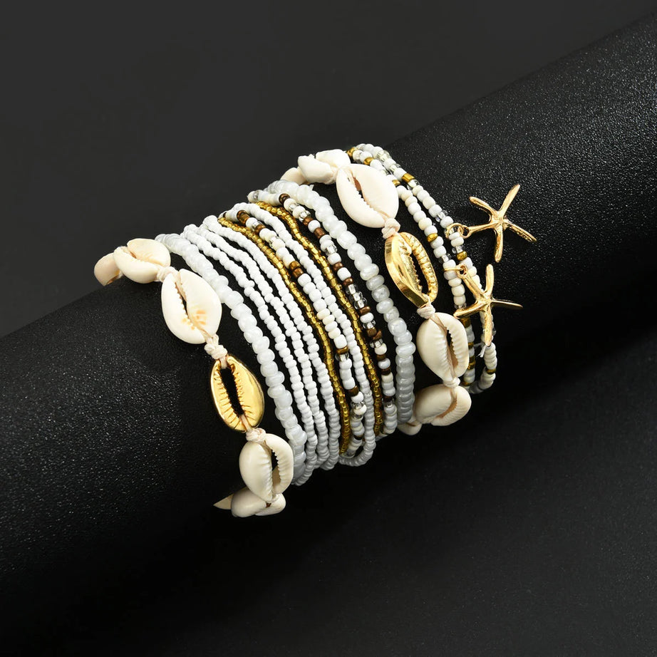 Starfish and Shell Beaded Multilayer Boho Anklet