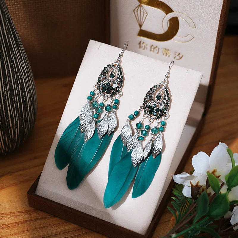 Fashion Boho Green Enamel Feather Earrings for Women Elegant Crystal Bead Stone Water Drop Earring Vacation Party Daily Jewelry