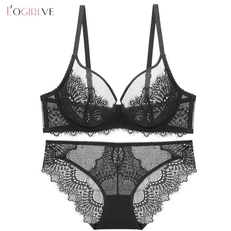 Logirlve Sexy Brassiere Transparent Ultrathin Bra Panty Set Push up Embroidery Underwear Set Plus Size Bras Women Lace Lingerie - Charlie Dolly
