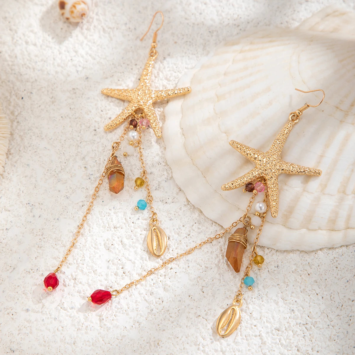Ingemark Boho Starfish Jellyfish Imitation Pearls Crystal Long Tassels Earrings Women Trendy Piercing Drop Earrings Y2K Jewelry