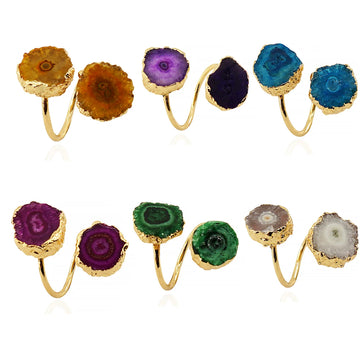Irregular Agate Slices Open Cross Ring for Women Girls Boho Rough Natural Stone Sunflower Finger Jewelry Wedding Party Gift
