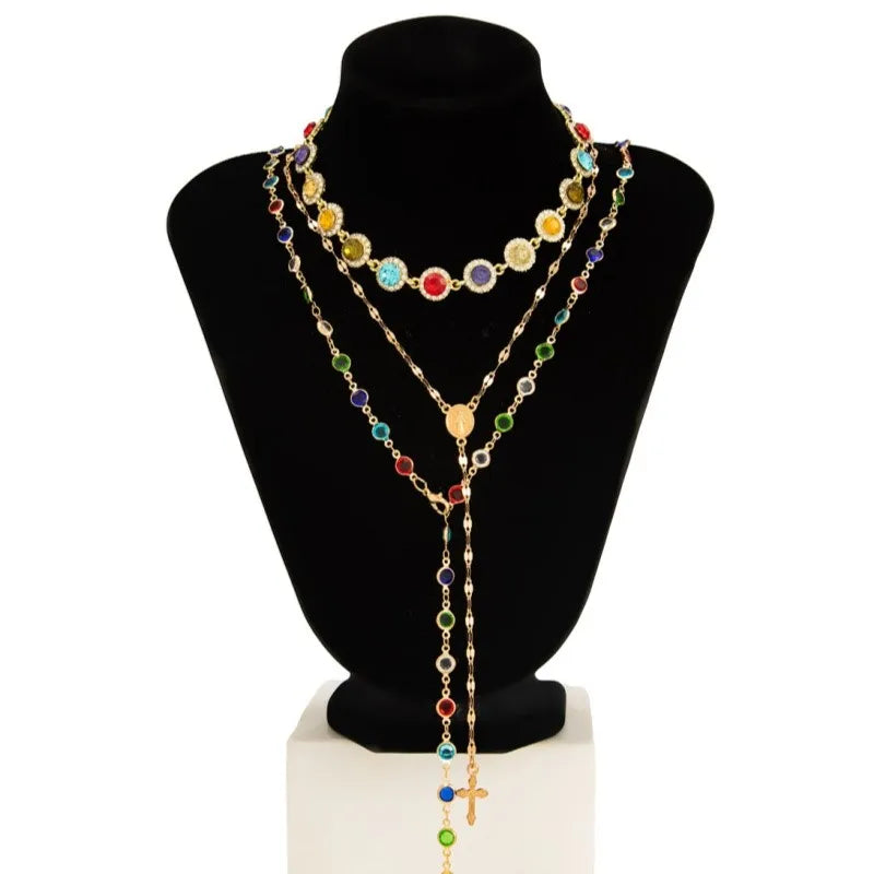 Colorful Rhinestone Multilayer Chain Necklace Set Jewelry