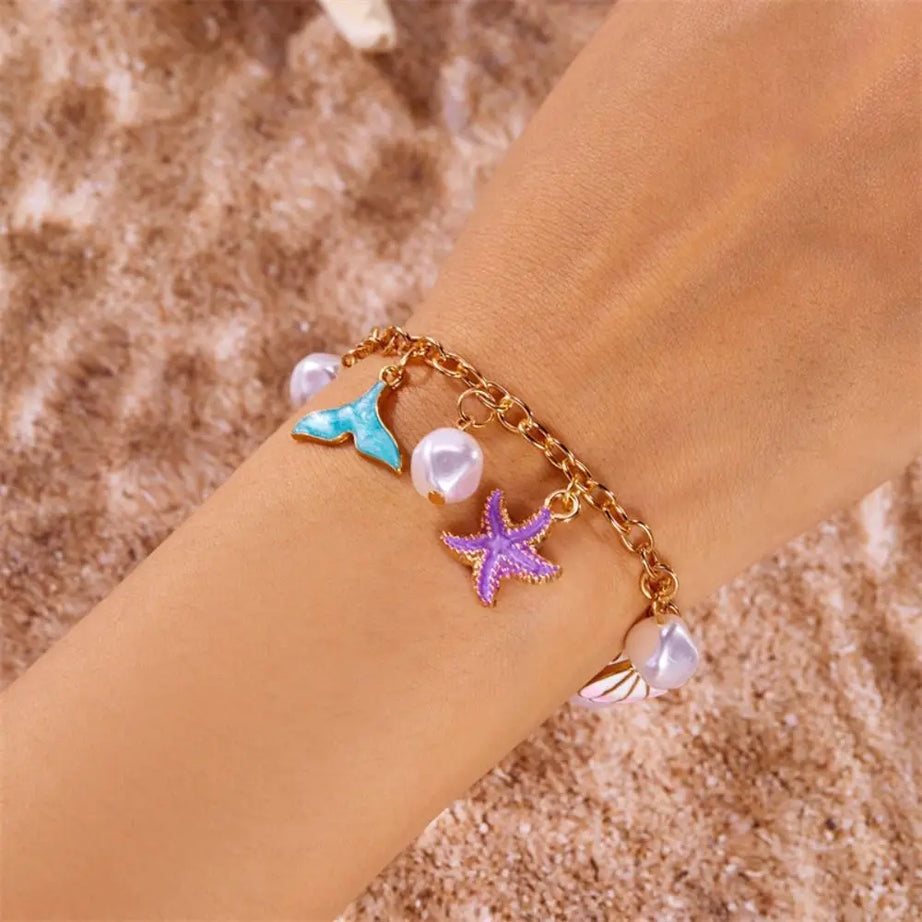 Pearl, Shell and Starfish Gold Tassel Boho Bracelet