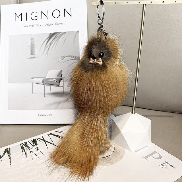 Cute Fluffy Bow-knot Fox Ball Key Chain Rings Pompom Real Fox Fur Charm Keychain Car Bag Key Ring Women Jewelry - Charlie Dolly