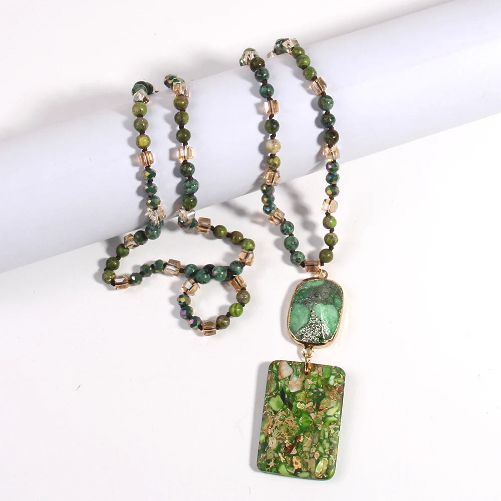 RH Fashion Bohemian Jewelry Natural Stones Crystal Stone Knotted Semi Precious Stone Boho Multi Pendant Necklace Women Gift
