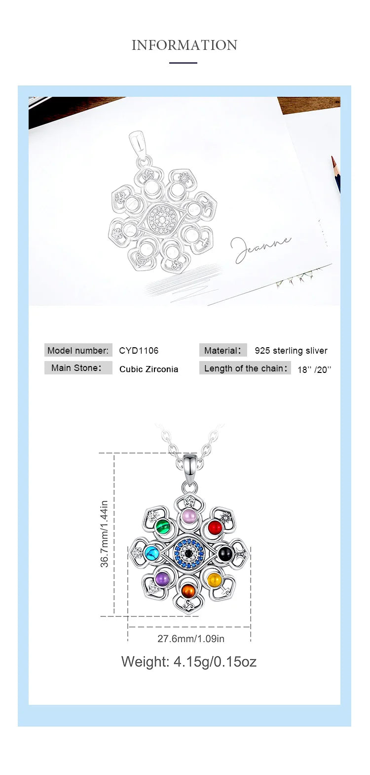 Eudora 925 Sterling Silver Lotus Evil Eye Necklace Colourful Pentagram Hecate Flower Pendant Personality Jewelry for Women Man
