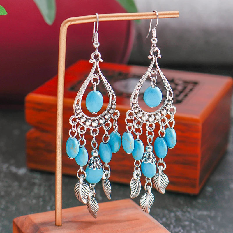 Boho Vintage Turquoise Water Drop Stud Earrings for Women Star Heart Flower Tribe Earring Statement Valentine Day Gift Jewelry