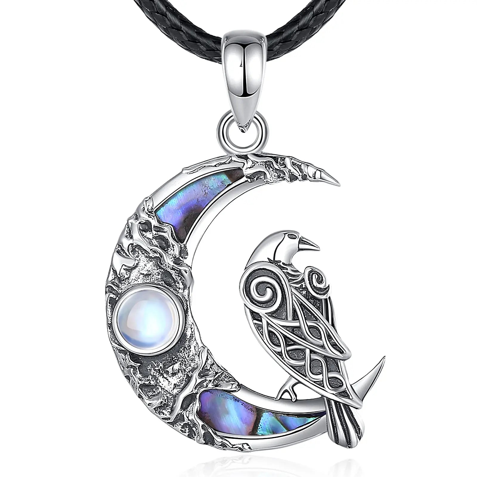 Eudora 925 Sterling Silver Viking Raven Moon Necklace for Women Man Pentagram Crow Amulet Pendant Natural Abalone Shell Jewelry