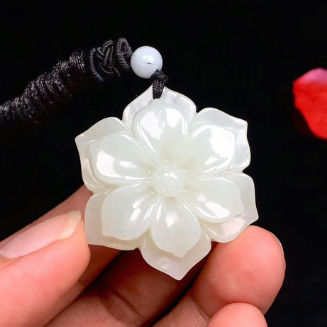 Natural White Jade Rich Flower Pendant Necklace, Hand-Carved Luxury Talisman