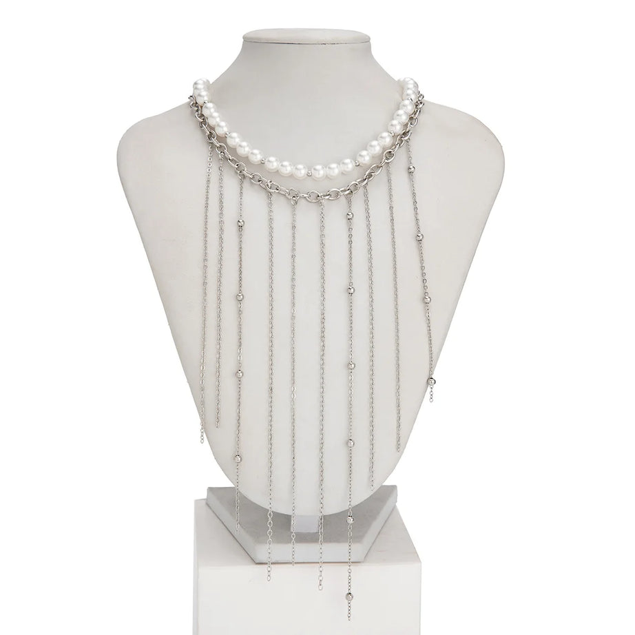 Round Bead Pearl Tassel Multilayer Necklace Jewelry