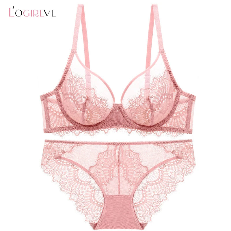 Logirlve Sexy Brassiere Transparent Ultrathin Bra Panty Set Push up Embroidery Underwear Set Plus Size Bras Women Lace Lingerie - Charlie Dolly