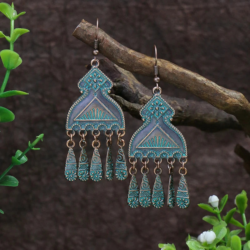 Vintage Boho Blue Stone Beaded Drop Earrings For Women Tassel Ethnic Geometric Flower Leaf Long Dangle Earrings Trendy Jewelry