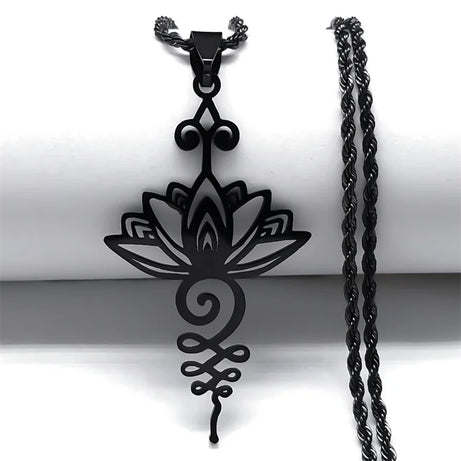 Artistic Lotus Flower Pendant Necklace, Stainless Steel Black Chakra Goth Talisman