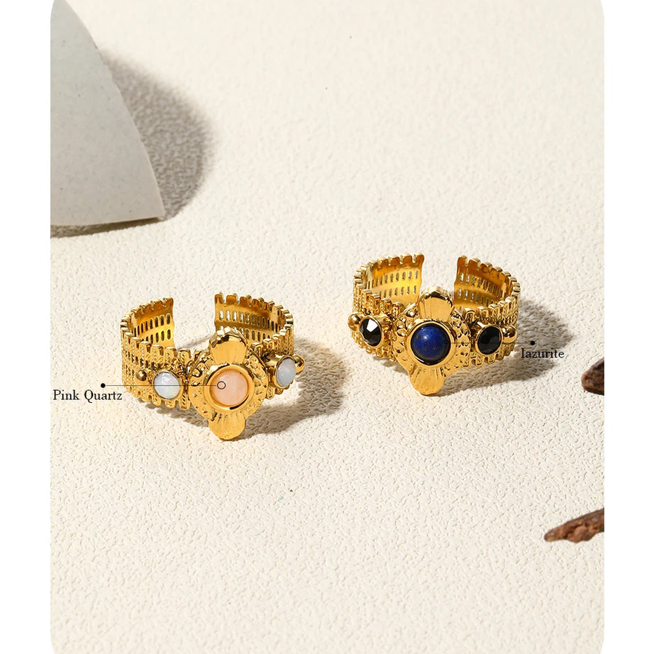 YACHAN Boho Vintage Stainless Steel Rings for Women Pink Natural Stone Lazurite 18K Gold Plated Aesthetic Trend Jewelry - Charlie Dolly