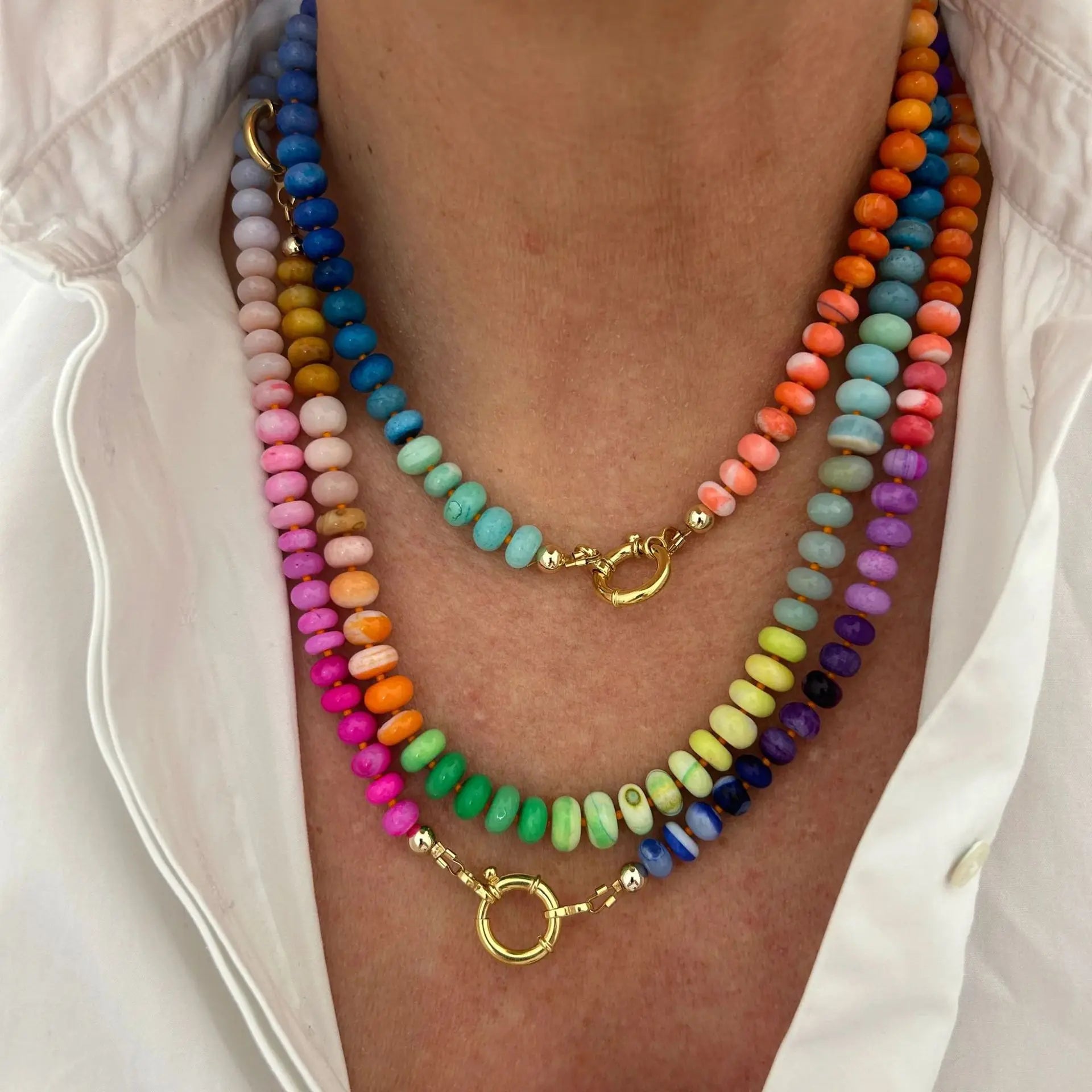 Women Chunky Gemstone Rainbow Boho Bead Choker Natural Stone Surfer Beach Necklaces 14K Gold Plated Summer Handmade Jewelry
