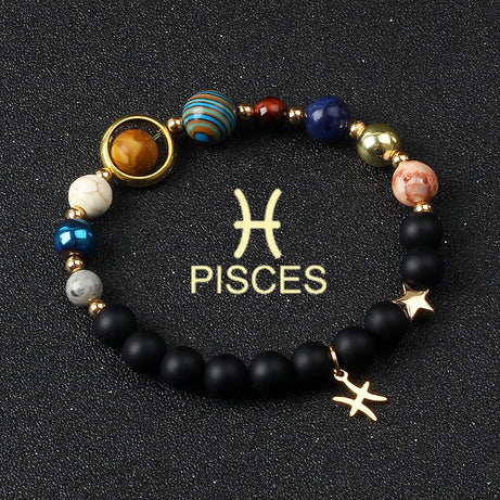 Eight Planets & Twelve Zodiac Beaded Bracelet, Natural Stone Cosmic Astrology Talisman