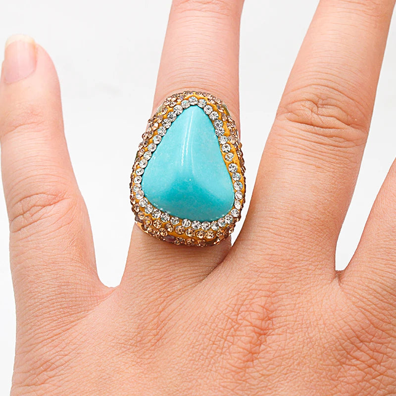 Irregular Turquoise Open Ring for Women Boho Micro Inlay Adjustable Reiki Natural Stone Finger Wedding Jewelry