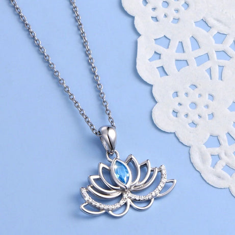 Huitan Lotus Flower Pendant Necklace, Silver Blue CZ Wedding Talisman