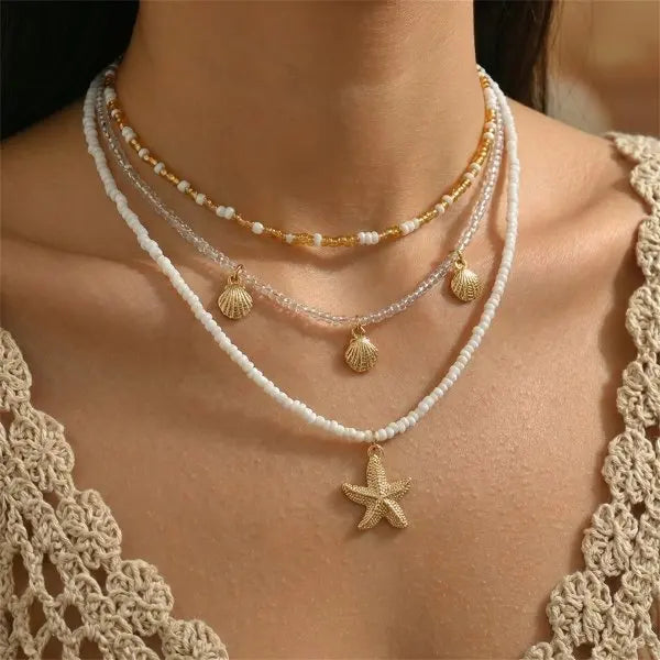 Boho Multilayer Shell Starfish Pendant Necklace for Women Handmade Beaded Imitation Pearl Choker Beach Party Jewelry Gift
