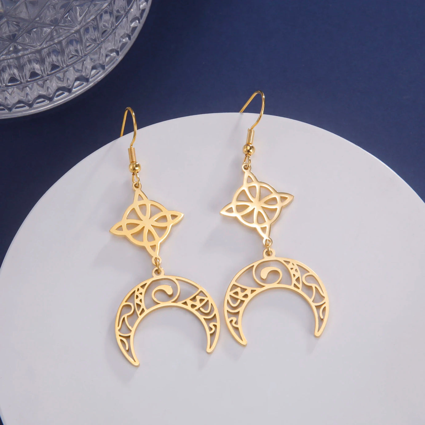 Triple Moon, Rune & Pentagram Hoop Earrings, Stainless Steel Witchy Amulet