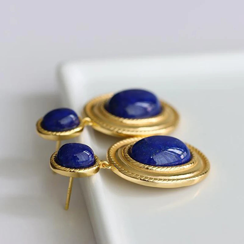 New design inlaid lapis lazuli oval hollow earrings exaggerated punk style retro ancient gold craftsmanship women's jewelry