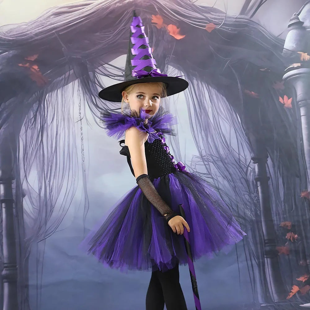 Halloween New Witch Dress Cosplay Costume Dress for Girl Carnival Party Dress Hat Broom Fancy Clothes Suit - Charlie Dolly