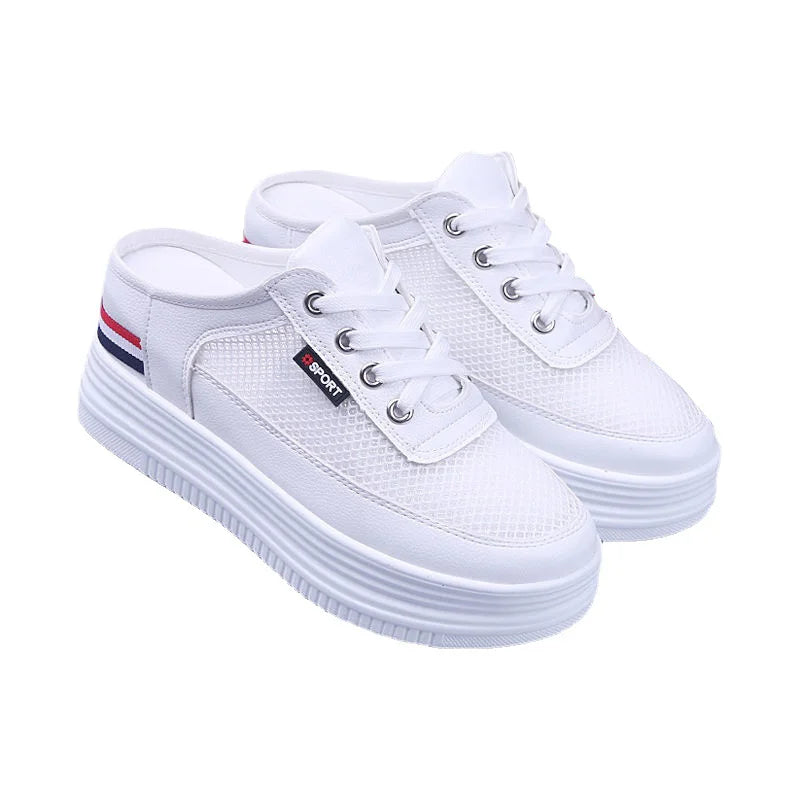 2023 New Half Slippers Women Mesh Mules Summer Inner Heightening Outdoor Breathable Casual Shoes White Platform Slip On Sneakers - Charlie Dolly