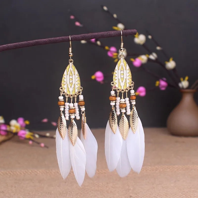 Boho Long Feather Dangle Women's Earrings Beach Long Tassel Beads Handmade Flower Enamel Earrings Bride Wedding Pendientes Mujer
