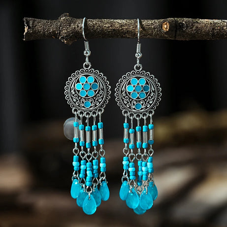 Blue Enamel Feather Crystal Long Earrings Jewelry