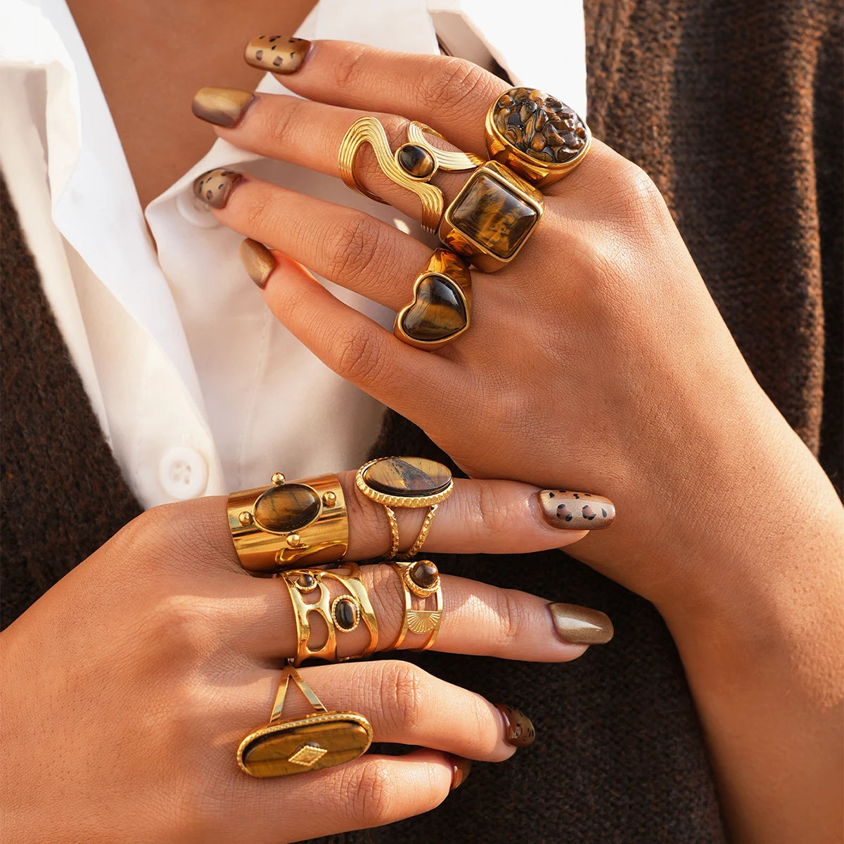 Creative Gold Plated Stainless Steel Rings for Women Simple Geometric Natural tiger Stone Finger Ring Boho Vintage Jewelry Gift