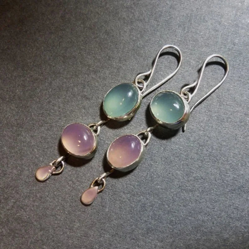 Delicate Natural Moonstone Drop Earrings Charms Jewelry Oval Pink Blue Stone Wedding Earrings Engagement Gift for Women