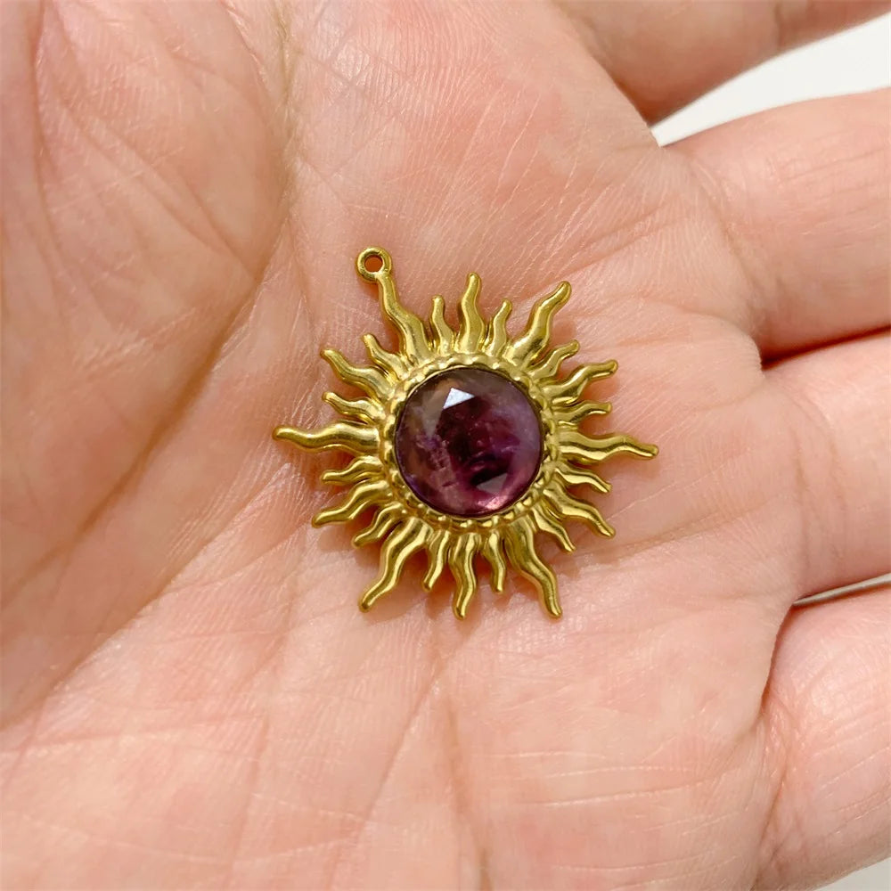 2pcs 25x30mm Gold Color Sun Shape Natural Stone Pendant Inlaid with Lapis Lazuli Gem Charm for Jewelry Making Necklace Earring