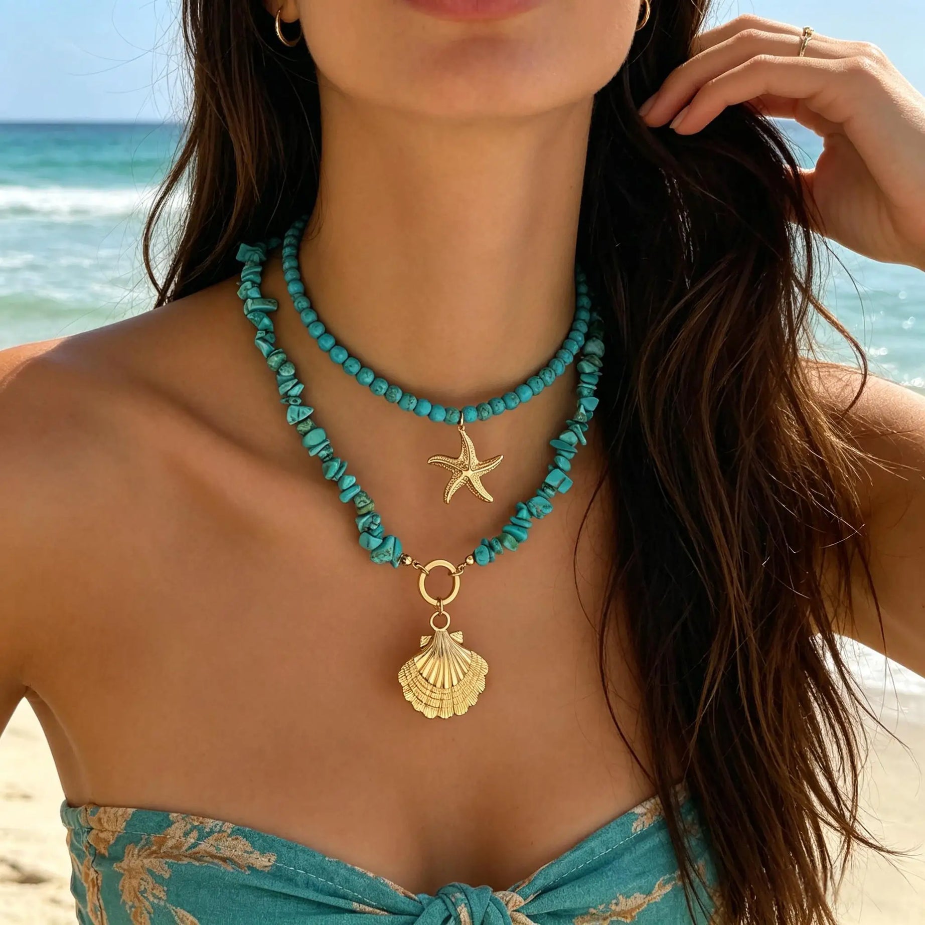 Turquoise Seashell Starfish Layered Choker Set Jewelry