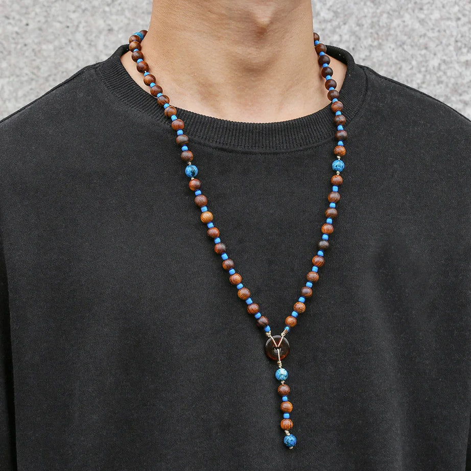 Wood Bead Tribal Mens Long Necklace Jewelry