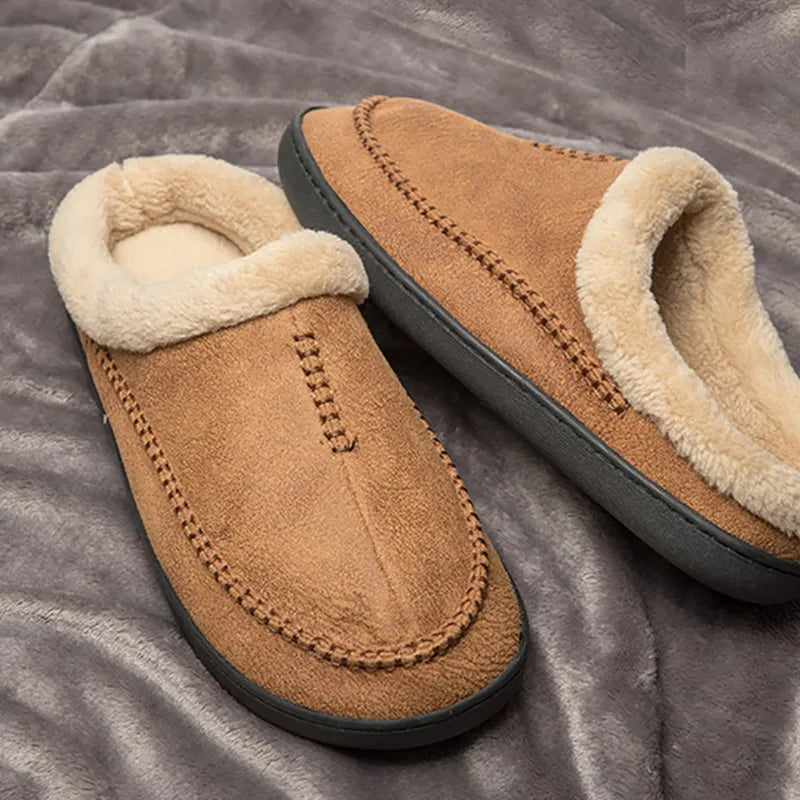 Men's Slippers Home Winter Indoor Plush Warm Shoes Thick Bottom Plush Waterproof Leather House Slippers Man Suede Cotton Shoes - Charlie Dolly