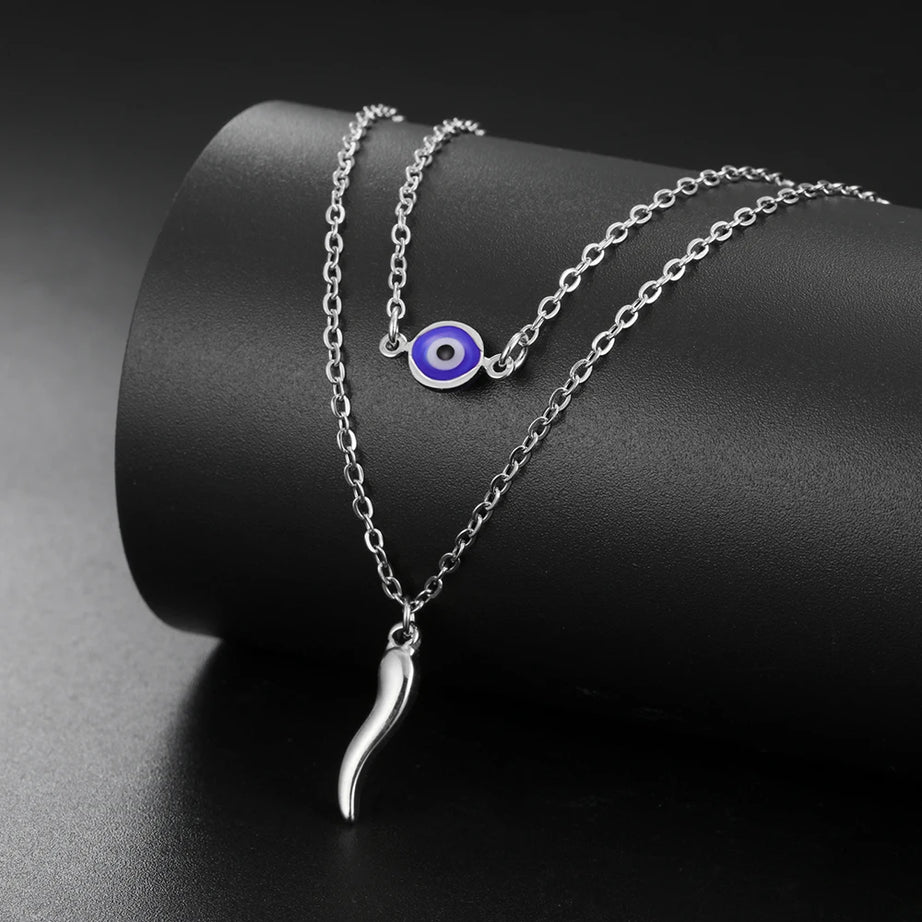 Italian Horn & Evil Eye Double Layer Necklace, Spiritual Protection Amulet