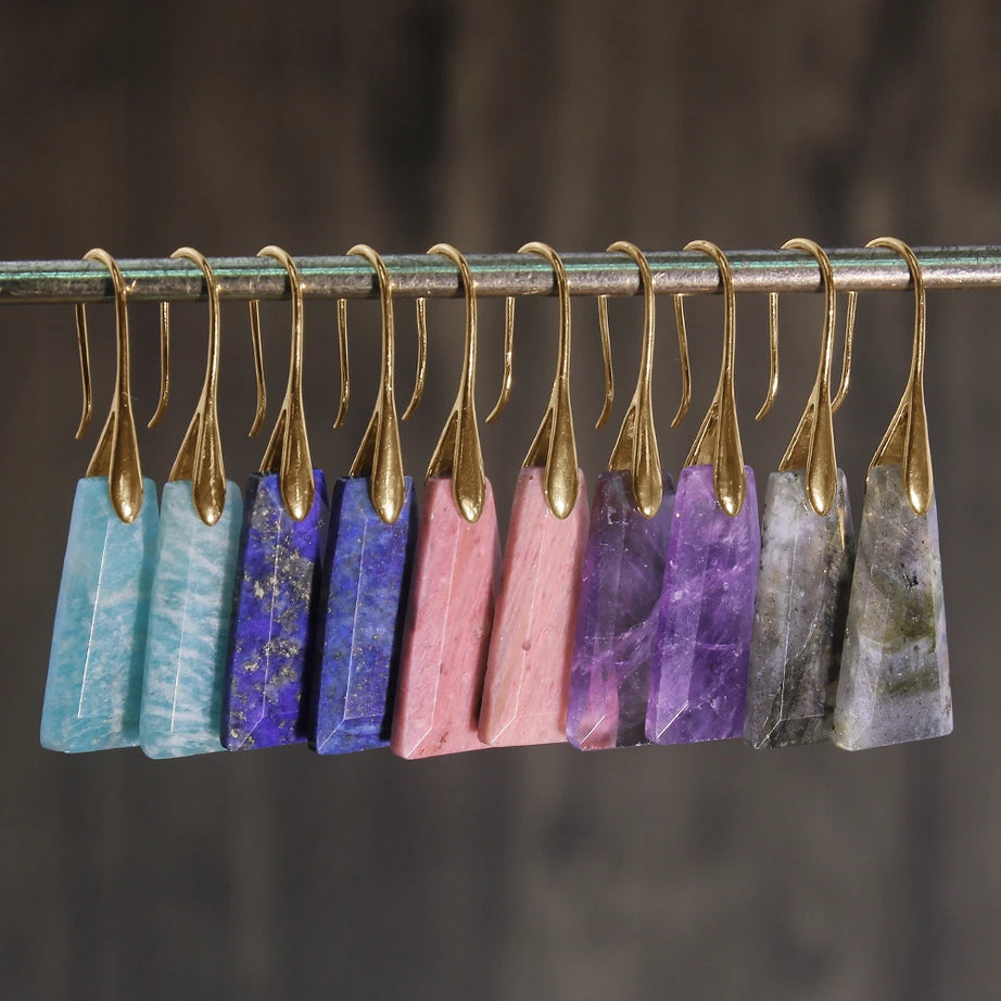 2pcs Natural stone earrings: amethyst, amazonite, flash stone, rhodochrosite, lapis lazuli trapezoidal faceted earrings - Charlie Dolly