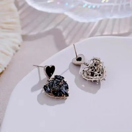 Gray Stone Heart Dangle Earrings, Carved Korean Style Evening Boho Jewelry